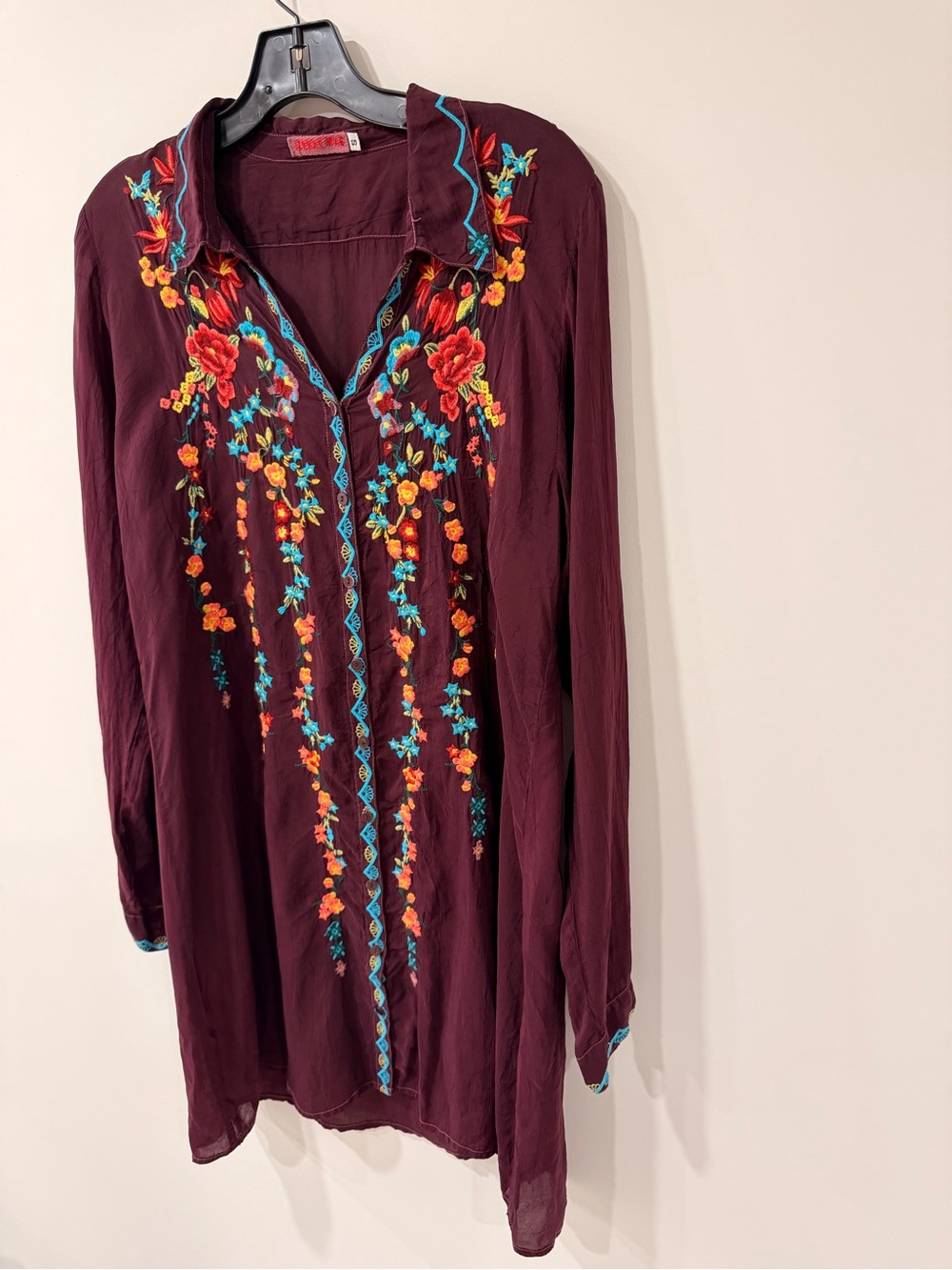 Johnny Was Plum Embroidered Floral Boho Tunic Dress 100% Cupra Rayon Size Small - Picture 3 of 8